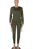 Army Green Women Long Sleeve Tight Solid Color Drawsting Casual Round Collar Pants Sets FMM2079-4
