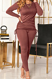 Red Women Long Sleeve Tight Solid Color Drawsting Casual Round Collar Pants Sets FMM2079-1