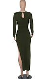 Black Euramerican Women Solid Color Long Sleeve Crop High Split High Waist Long Dress FMM2081-3
