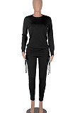 Dark Purple Women Long Sleeve Tight Solid Color Drawsting Casual Round Collar Pants Sets FMM2079-5