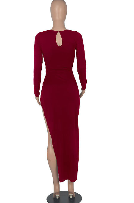 Wine Red Euramerican Women Solid Color Long Sleeve Crop High Split High Waist Long Dress FMM2081-2