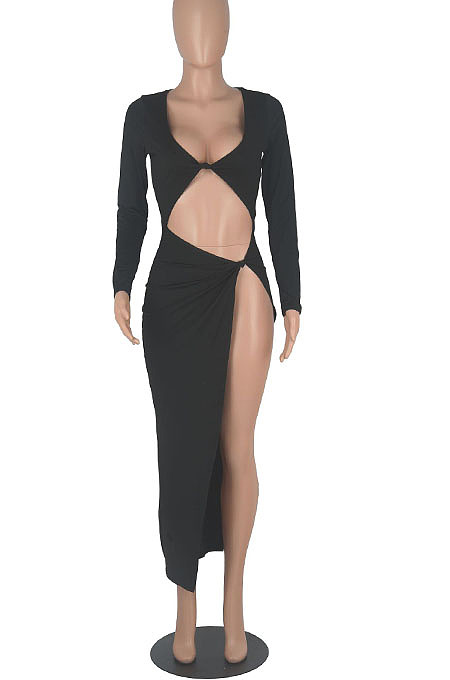 Khaki Euramerican Women Solid Color Long Sleeve Crop High Split High Waist Long Dress FMM2081-5