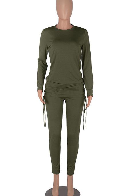 Red Women Long Sleeve Tight Solid Color Drawsting Casual Round Collar Pants Sets FMM2079-1