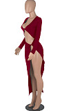 Black Euramerican Women Solid Color Long Sleeve Crop High Split High Waist Long Dress FMM2081-3