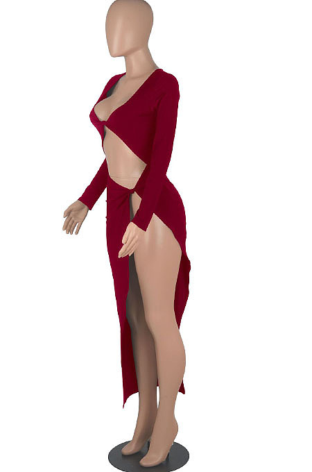 Black Euramerican Women Solid Color Long Sleeve Crop High Split High Waist Long Dress FMM2081-3