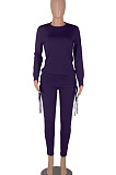 Wine Red Women Long Sleeve Tight Solid Color Drawsting Casual Round Collar Pants Sets FMM2079-6