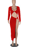 Wine Red Euramerican Women Solid Color Long Sleeve Crop High Split High Waist Long Dress FMM2081-2