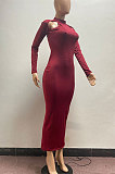 Gray Fashion Long Sleeve Sexy Hollow Out Solid Color Mid Waist Long Dress AYM5034-2