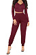 Wine Red Womwn Autumn Long Sleeve V Collar Zipper Pure Color Sexy Bodycon Pants Sets FMM2051-3