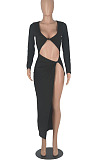 Black Euramerican Women Solid Color Long Sleeve Crop High Split High Waist Long Dress FMM2081-3