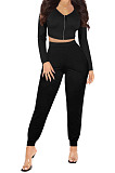 Khaki Womwn Autumn Long Sleeve V Collar Zipper Pure Color Sexy Bodycon Pants Sets FMM2051-6