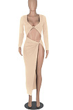 Army Green Euramerican Women Solid Color Long Sleeve Crop High Split High Waist Long Dress FMM2081-4