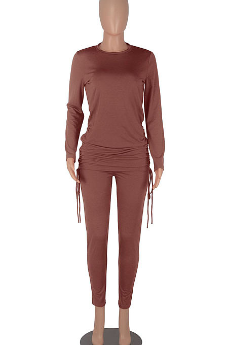 Army Green Women Long Sleeve Tight Solid Color Drawsting Casual Round Collar Pants Sets FMM2079-4