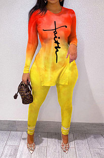 Yellow Wholesale Print Long Sleeve Round Neck Top Bodycon Pants Sets YNS1677-1