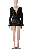 Black Sexy Club Suit Long Sleeve Deep V Collar Pure Color Backless Mesh Spaghetti Skirts Sets FMM2095-2