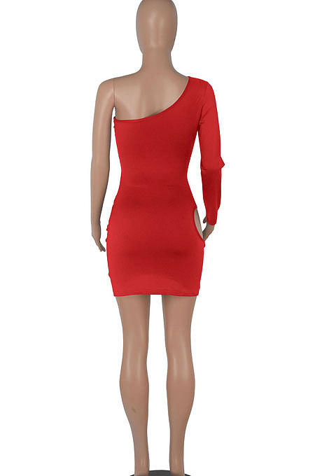 Green Women One Shoulder Pure Color Hollw Out Single Sleeve High Waist Sexy Bodycon Hip Mini Dress FMM2093-5