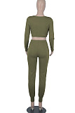 Khaki Womwn Autumn Long Sleeve V Collar Zipper Pure Color Sexy Bodycon Pants Sets FMM2051-6