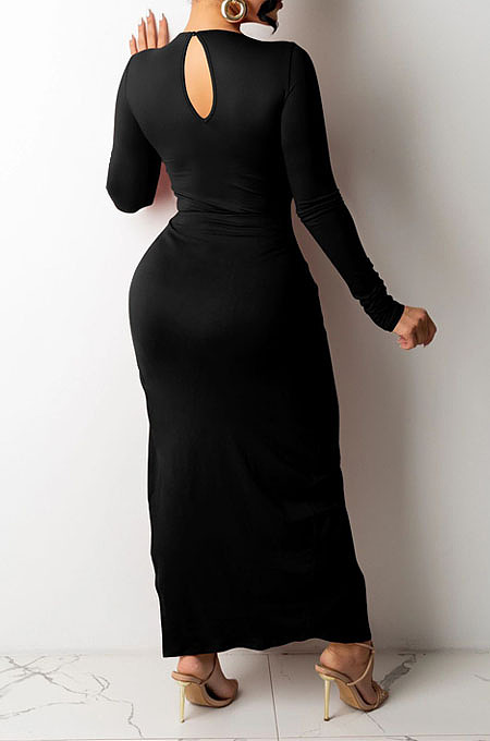 Khaki Euramerican Women Solid Color Long Sleeve Crop High Split High Waist Long Dress FMM2081-5