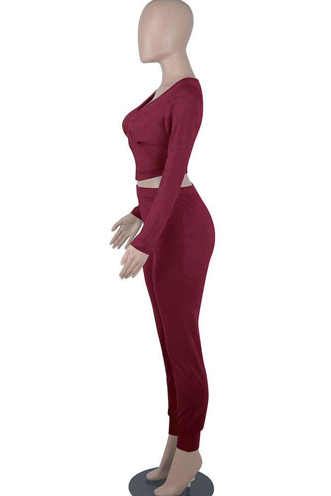 Khaki Womwn Autumn Long Sleeve V Collar Zipper Pure Color Sexy Bodycon Pants Sets FMM2051-6