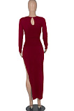 Khaki Euramerican Women Solid Color Long Sleeve Crop High Split High Waist Long Dress FMM2081-5