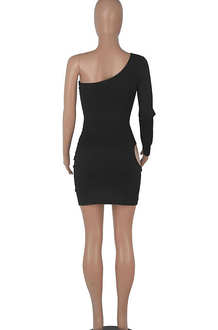 Green Women One Shoulder Pure Color Hollw Out Single Sleeve High Waist Sexy Bodycon Hip Mini Dress FMM2093-5