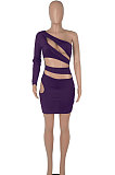 Blue Women One Shoulder Pure Color Hollw Out Single Sleeve High Waist Sexy Bodycon Hip Mini Dress FMM2093-7