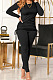 Black Women Long Sleeve Tight Solid Color Drawsting Casual Round Collar Pants Sets FMM2079-2