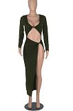 Wine Red Euramerican Women Solid Color Long Sleeve Crop High Split High Waist Long Dress FMM2081-2
