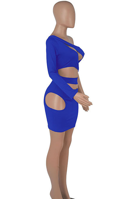 Wine Red Women One Shoulder Pure Color Hollw Out Single Sleeve High Waist Sexy Bodycon Hip Mini Dress FMM2093-3
