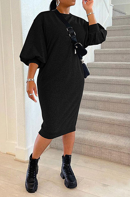 Black Women Fashion Casual Pure Color Loose Midi Dress GLS10031-4