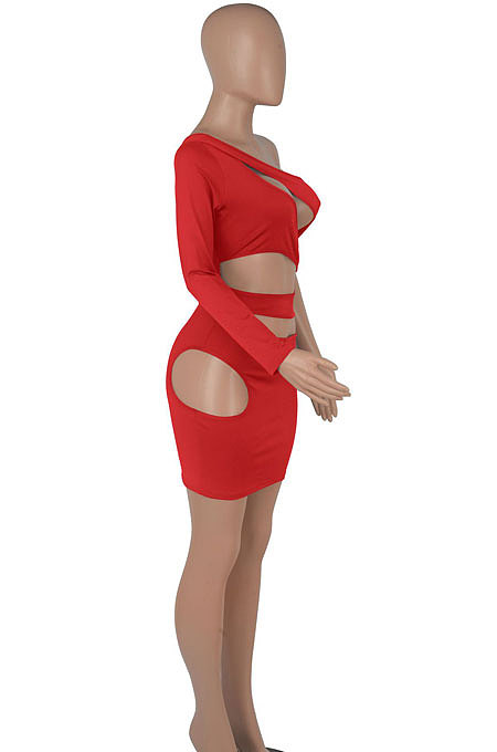 Wine Red Women One Shoulder Pure Color Hollw Out Single Sleeve High Waist Sexy Bodycon Hip Mini Dress FMM2093-3