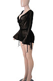Blue Sexy Club Suit Long Sleeve Deep V Collar Pure Color Backless Mesh Spaghetti Skirts Sets FMM2095-3