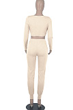 Bright Blue Womwn Autumn Long Sleeve V Collar Zipper Pure Color Sexy Bodycon Pants Sets FMM2051-5
