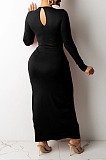 Army Green Euramerican Women Solid Color Long Sleeve Crop High Split High Waist Long Dress FMM2081-4