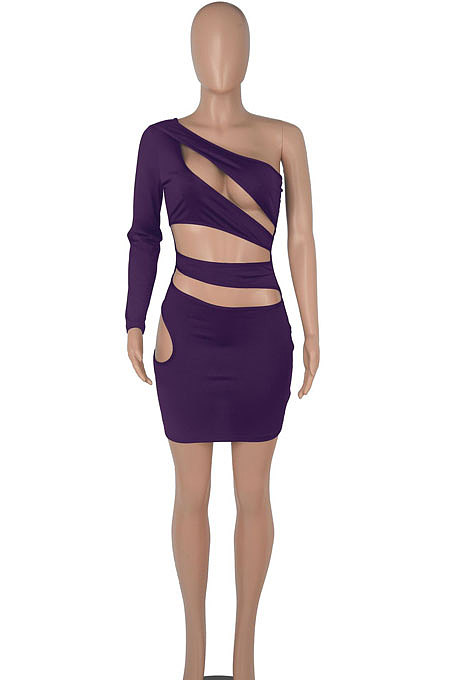 Wine Red Women One Shoulder Pure Color Hollw Out Single Sleeve High Waist Sexy Bodycon Hip Mini Dress FMM2093-3