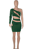 Blue Women One Shoulder Pure Color Hollw Out Single Sleeve High Waist Sexy Bodycon Hip Mini Dress FMM2093-7