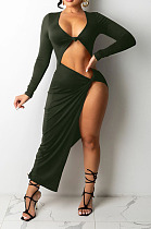 Army Green Euramerican Women Solid Color Long Sleeve Crop High Split High Waist Long Dress FMM2081-4