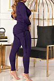 Wine Red Women Long Sleeve Tight Solid Color Drawsting Casual Round Collar Pants Sets FMM2079-6