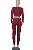 Gray Womwn Autumn Long Sleeve V Collar Zipper Pure Color Sexy Bodycon Pants Sets FMM2051-1