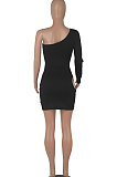 Black Women One Shoulder Pure Color Hollw Out Single Sleeve High Waist Sexy Bodycon Hip Mini Dress FMM2093-6