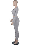 Bright Blue Womwn Autumn Long Sleeve V Collar Zipper Pure Color Sexy Bodycon Pants Sets FMM2051-5