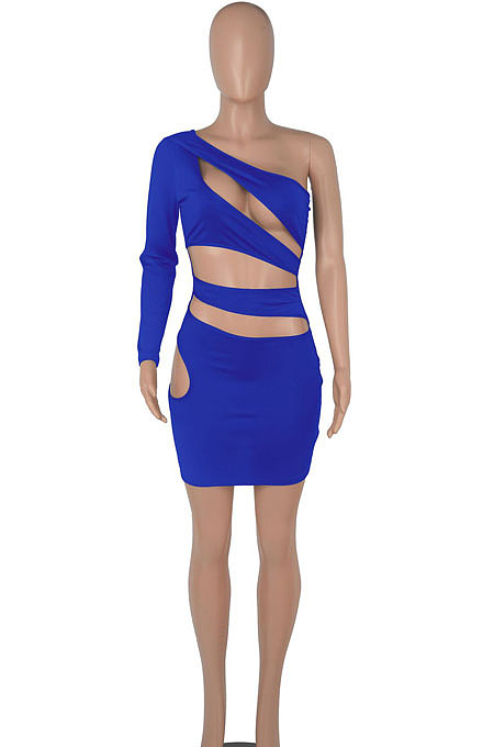 Green Women One Shoulder Pure Color Hollw Out Single Sleeve High Waist Sexy Bodycon Hip Mini Dress FMM2093-5