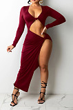 Wine Red Euramerican Women Solid Color Long Sleeve Crop High Split High Waist Long Dress FMM2081-2