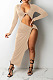 Khaki Euramerican Women Solid Color Long Sleeve Crop High Split High Waist Long Dress FMM2081-5
