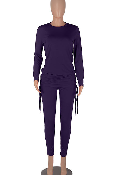 Army Green Women Long Sleeve Tight Solid Color Drawsting Casual Round Collar Pants Sets FMM2079-4