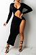 Black Euramerican Women Solid Color Long Sleeve Crop High Split High Waist Long Dress FMM2081-3