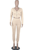 Bright Blue Womwn Autumn Long Sleeve V Collar Zipper Pure Color Sexy Bodycon Pants Sets FMM2051-5