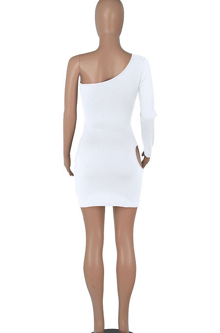Green Women One Shoulder Pure Color Hollw Out Single Sleeve High Waist Sexy Bodycon Hip Mini Dress FMM2093-5
