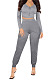 Gray Womwn Autumn Long Sleeve V Collar Zipper Pure Color Sexy Bodycon Pants Sets FMM2051-1
