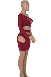 Black Women One Shoulder Pure Color Hollw Out Single Sleeve High Waist Sexy Bodycon Hip Mini Dress FMM2093-6